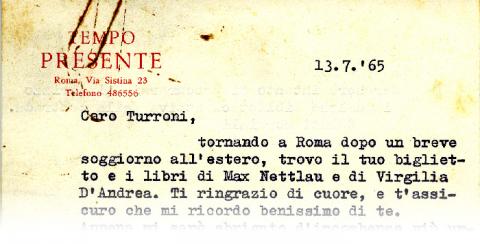 Lettera di Ignazio Silone a Pio Turroni 1965 Centro studi